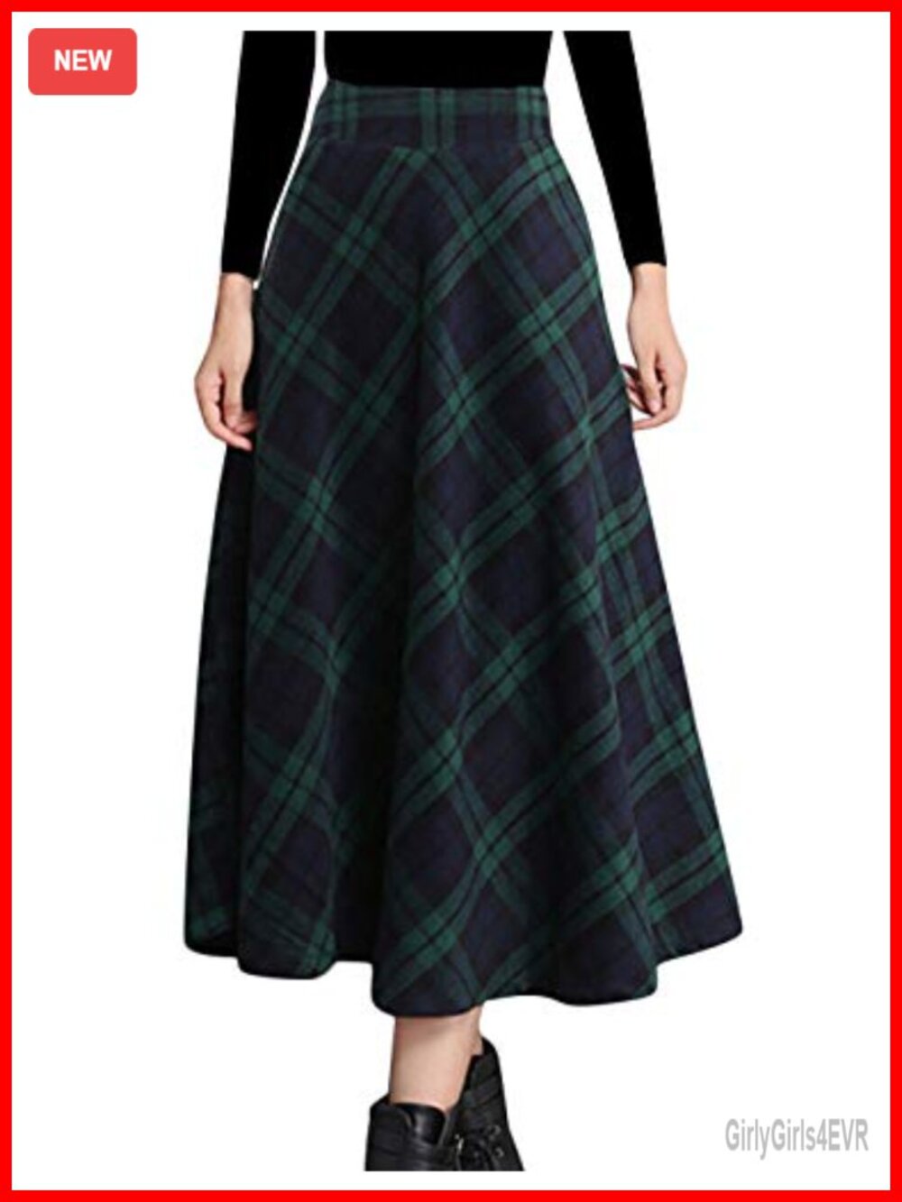 Wool Blend Plaid A-Line Pleated Midi Skirt with Pockets